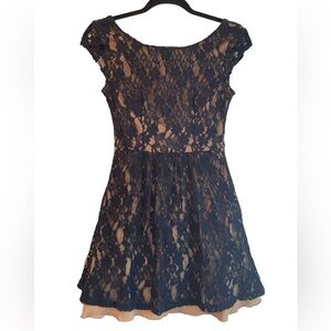 B.Darlin sheer black lace dress over taupe base, low back, size 5/6